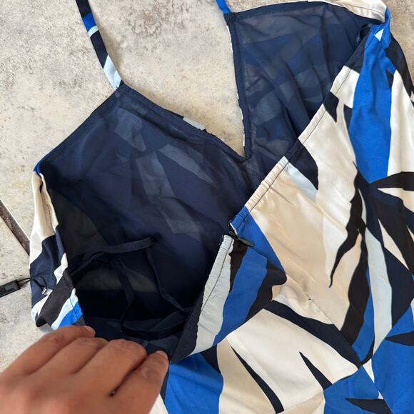 WHBM Satin Halter Maxi Blue Dress NWT $180 Abstract Print Modern - Picture 12 of 16